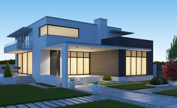 Luxurious modern villa with garden. 3d rendering.